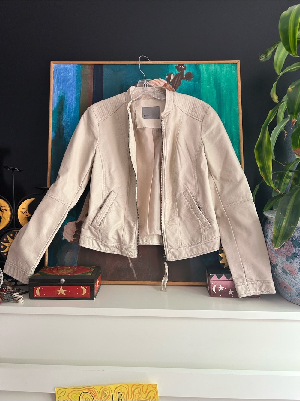 Y2K Vero Moda Cream Faux Leather Moto Jacket Size M